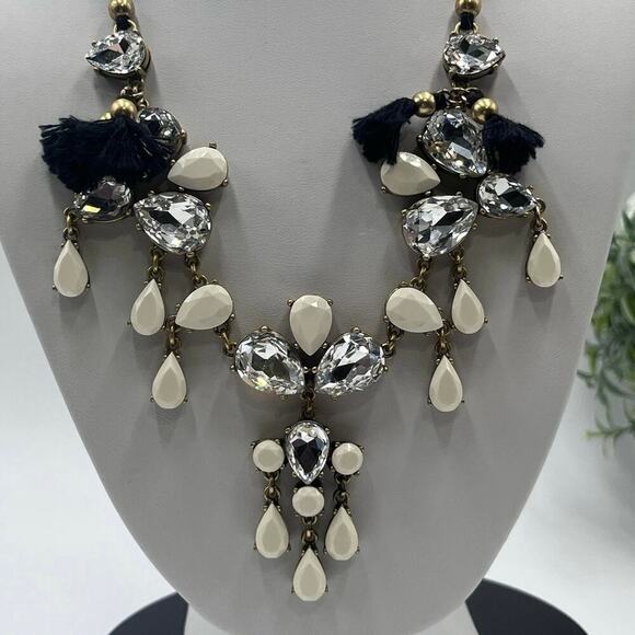 J. Crew Crystal Clear Milky White Gems Black Fringe Adjustable Tie Necklace - Picture 2 of 14